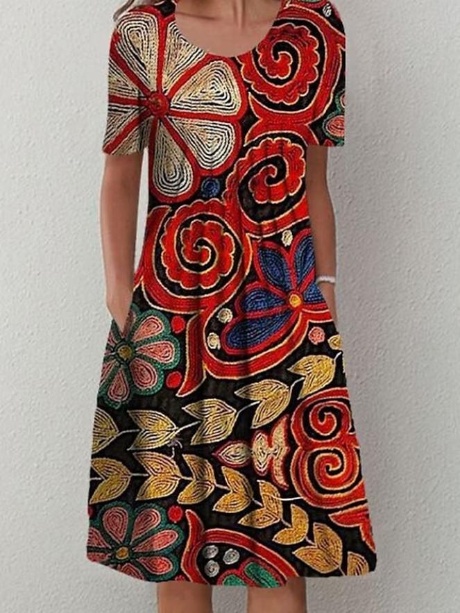 Women Loose Summer Floral Vintage Sexy Ruffles Pocket Dress