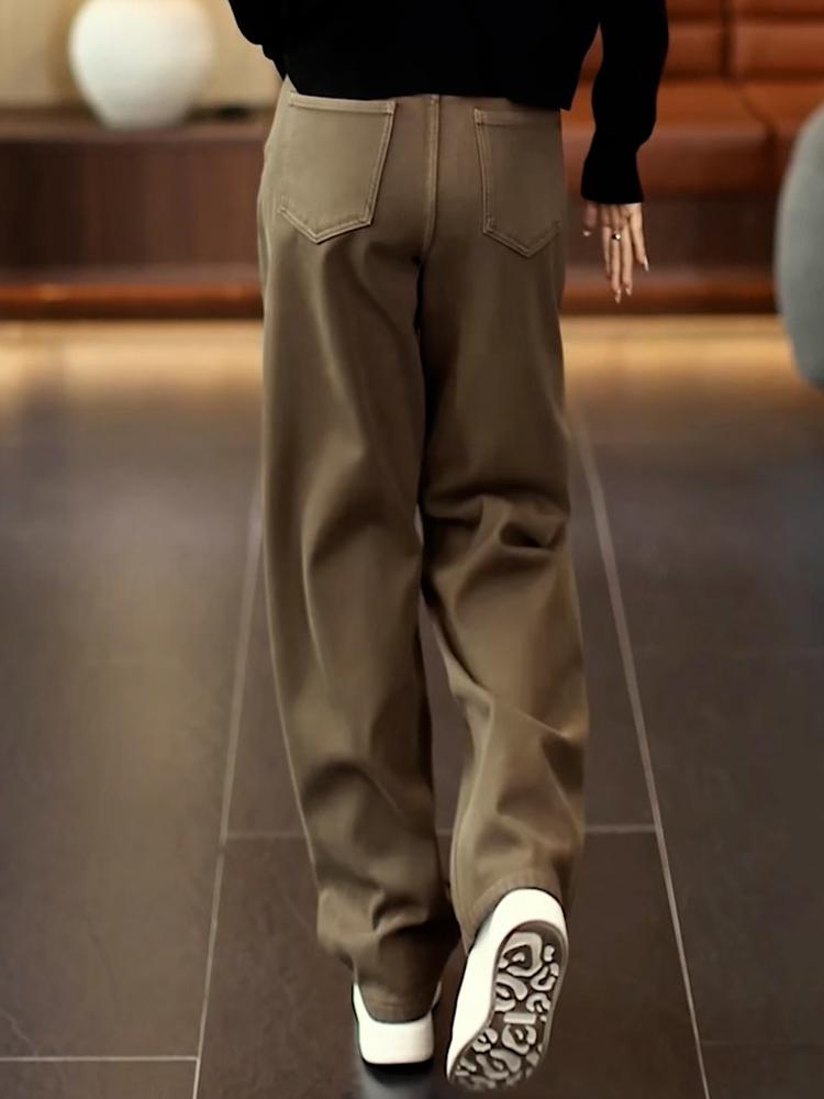Curve-Leg Designer Jeans for Women - Autumn/Winter 2026: High-Waisted, Belly-Covering, Slimming, Fleece-Lined, Versatile Straight-Leg Pants.