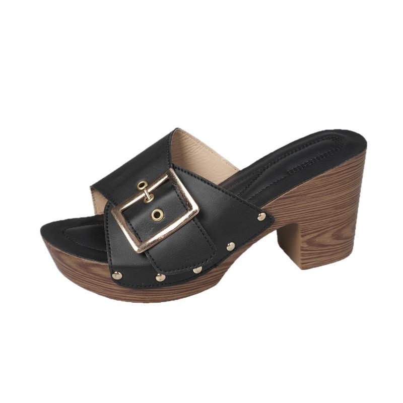 Plus Size Women Rivet Chunky High Heel Slide Sandals