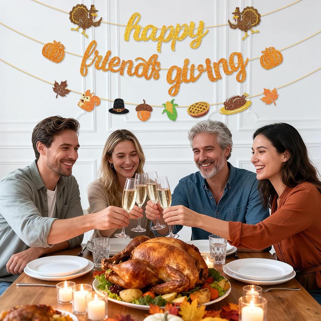 Happy Friendsgiving Banner Thanksgiving Party Decorations Glitter Friends Giving Garland Plastic Pre Strung Streamers Turkey Pumpkin Fall Leaves Sign