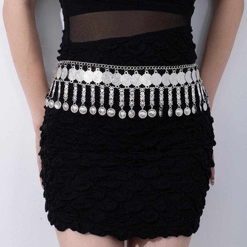 Ethnic Style Metal Retro Coin Waist Chain Women'S Adjustable Dress Waist Seal Love Butterfly Flower Fringed Belt