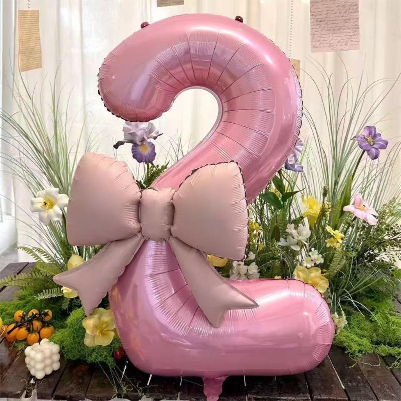 Pink Bowknot Number Balloon 40Inch Oversize Aluminum Foil Balloon Decoration For Kids Birthday Anniversary Wedding