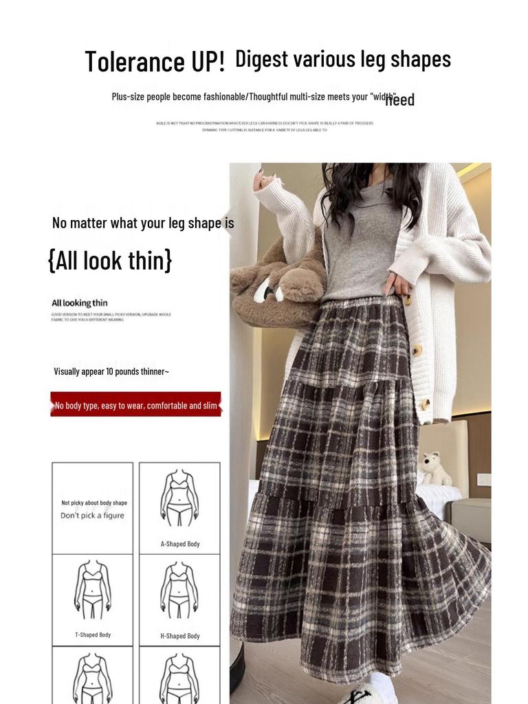 Vintage Plaid Wool A-line Skirt for Women - High Waist, Mid-Length, Autumn/Winter 2025 Collection