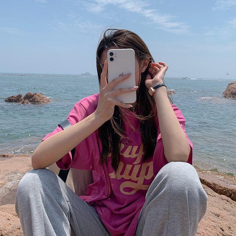 

Pull frame cotton American letter printing loose large size medium and long short-sleeved t-shirt women XL рожевий червоний колір