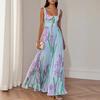 Women's Square Neck Sleeveless Floral Print Pleated Maxi Dress Elegant Backless A Line Long Dress For Wedding Guest Party Summer