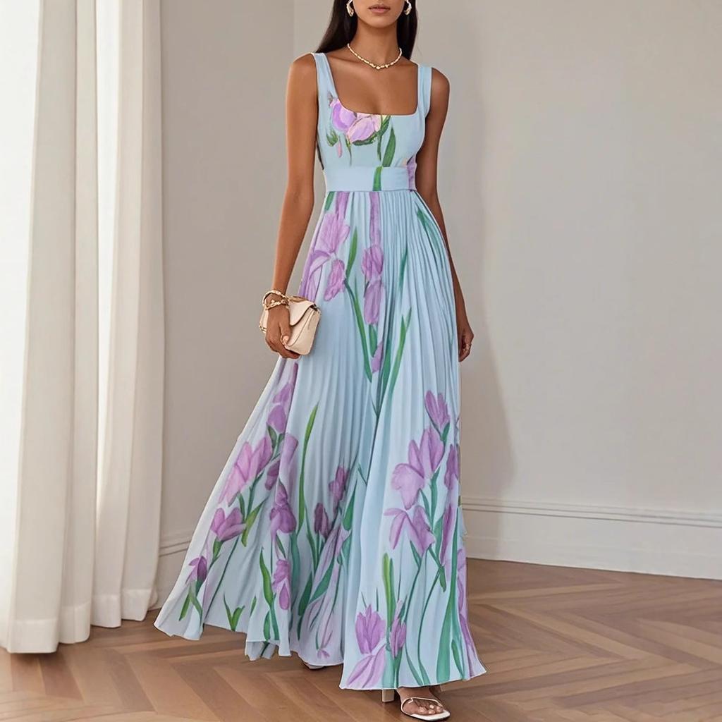 Women's Square Neck Sleeveless Floral Print Pleated Maxi Dress Elegant Backless A Line Long Dress For Wedding Guest Party Summer