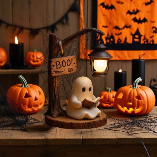 Ghost Reading Street Lamp 3D Resin Halloween Ghost Night Light LED Ghost Reading Book Table Lamp with Warm Light for Bedroom Study Living Room Decor