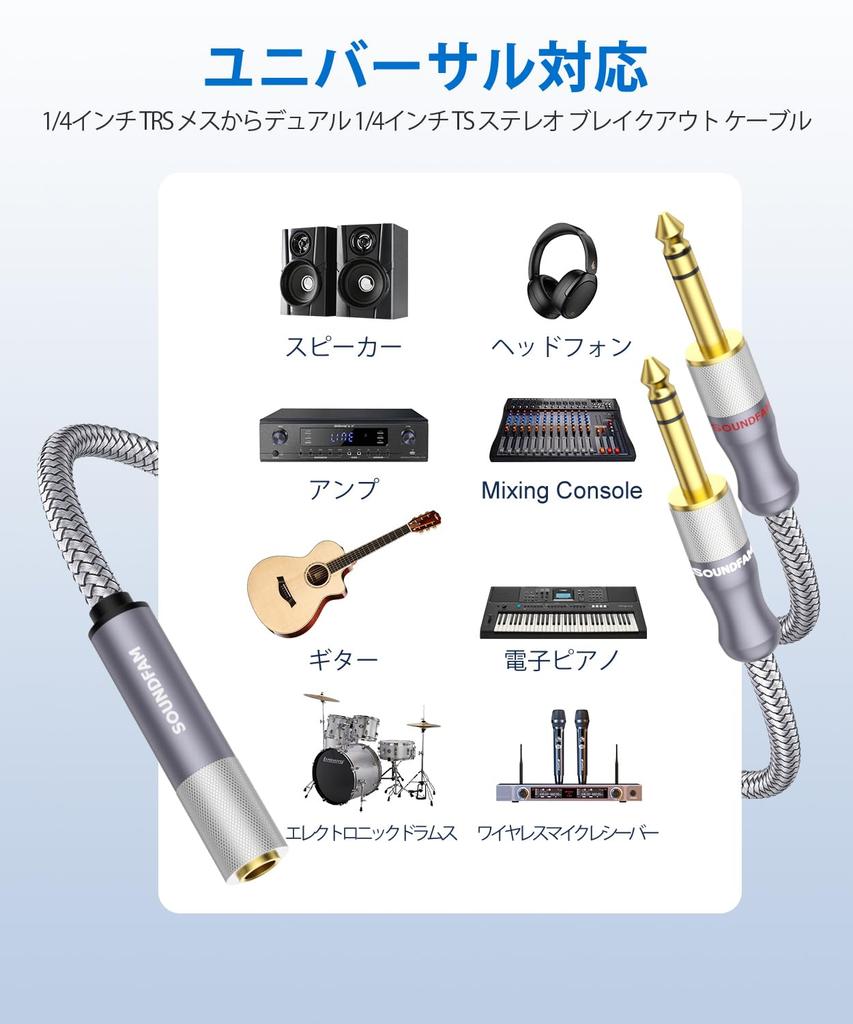 SOUNDFAM 60cm 14" Splitter Cable, Microphone Splitter 1 Female To 2 Male TRS 14" Splitter 6.35mm Stereo Female To Dual 6.35mm Male Female - Gray