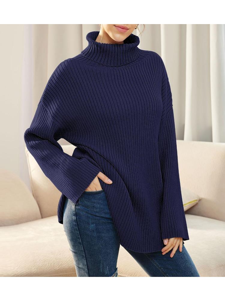 Autumn Winter Women's High Neck Oversized Pullover Split Long Sleeve High Neck Ribbed Knit Sweater Luxurious Relaxed-fit Slimming and Versatile Top