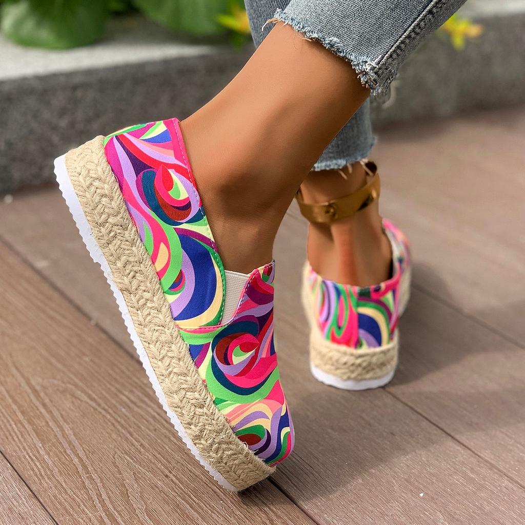 Kvinner Etniske regnbue-lerretssko Høstnye Uformelle Daglig Flate Damesko Rund tå Flerfargetrykk Snøresko