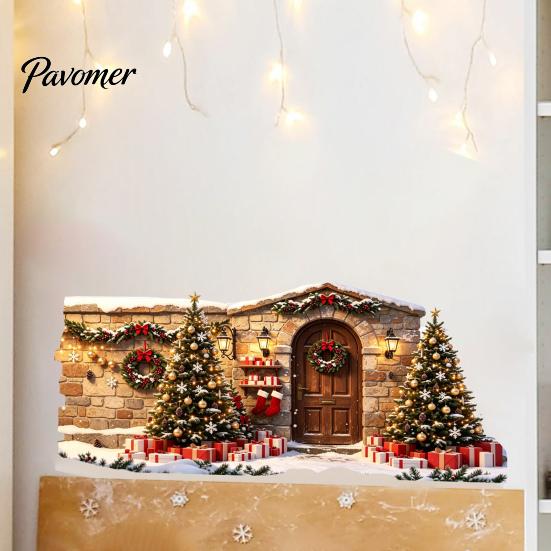 Christmas Decoration Decal Snow House Wall Sticker, Removable Self-Adhesive Easy Apply Stickers Scene Decal, PVC Waterproof Decorative for Holiday