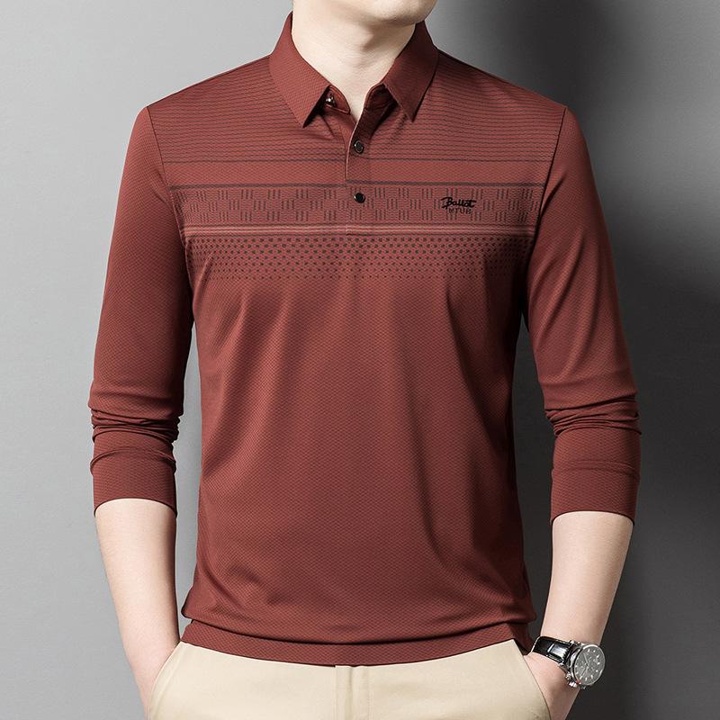 Autunno Nuovo Maglietta a Maniche Lunghe da Uomo Bello Stampa a Righe Moda Business Papà Polo Trendy