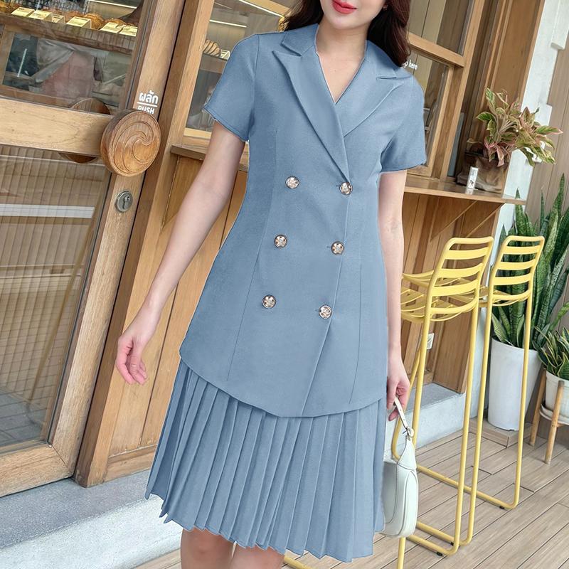 

ZANZEA Женское повседневное платье с плиссировкой и короткими рукавами и отложным воротником 5XL синий