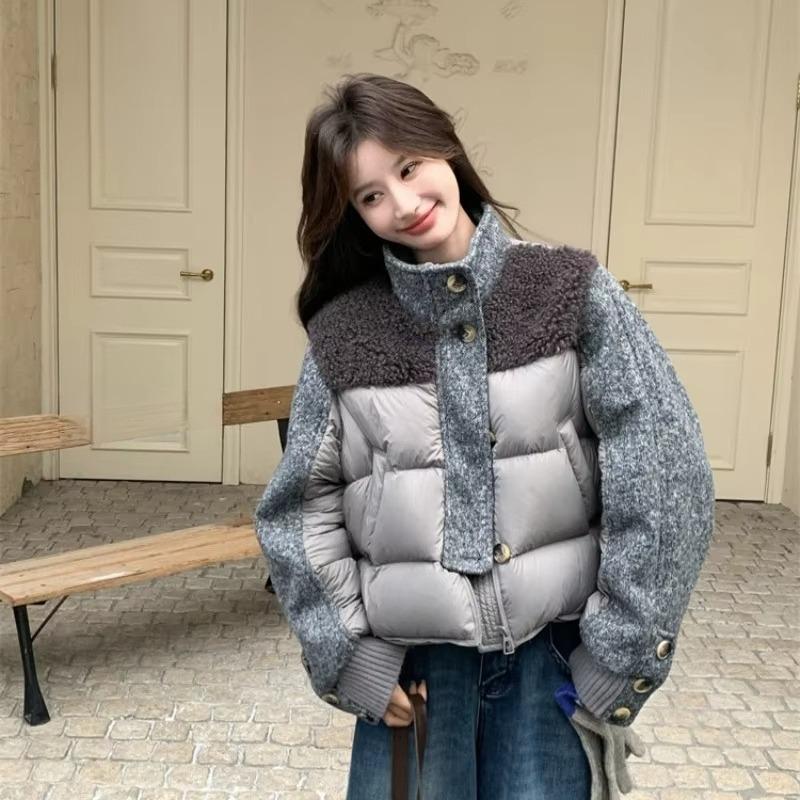 Fashion Woolen Spliced Down Padded Jacket Women's Winter Short Coat Loose Parkas Thicken Warm Stand-collar Outerwear