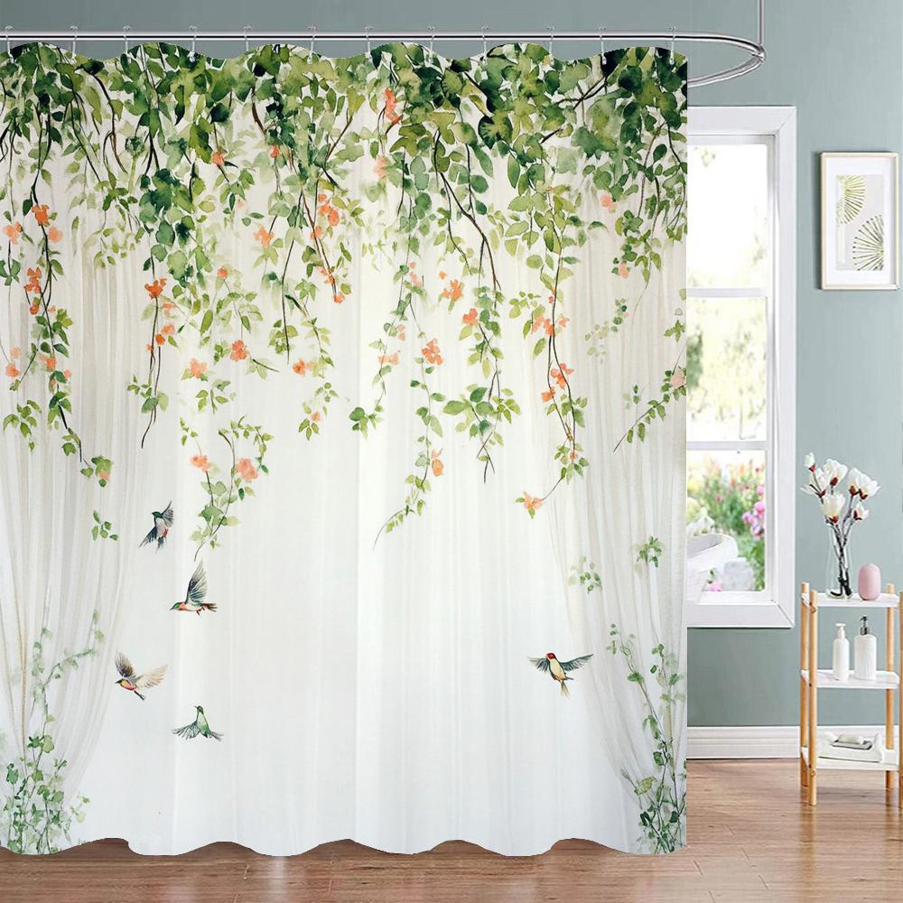 Spring Flowers and Plants Birds Shower Curtain, Bathroom Decorative Shower Curtain, Waterproof Shower Curtain with Hooks