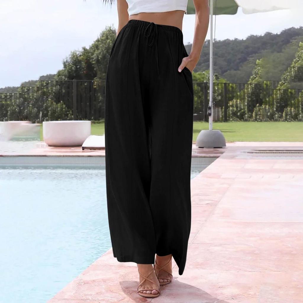 Women's Casual Relaxed Fit High-Waisted Belted Pocket Cotton-Linen Blend Trousers
