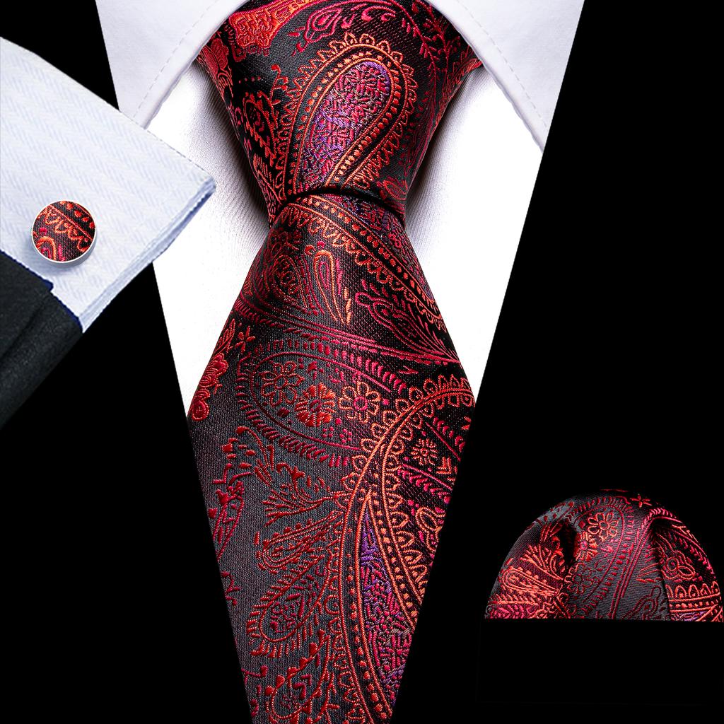 Barry.Wang Floral Ties for Men Woven Paisley Wedding Necktie Handkerchief Cufflinks Formal Casual Set