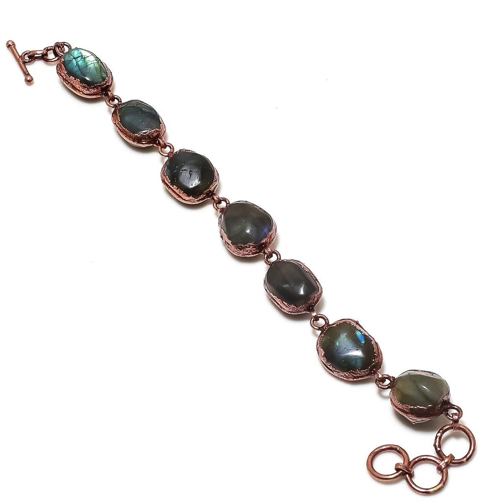Labradorite Bracelet Handmade Jewelry, Copper Electroformed Bracelet Designer Gemstone Jewelry Adjustable Chain Bracelet Gift For Mom