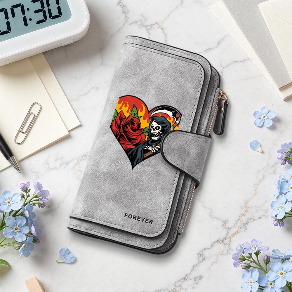 Gothic Grim Reaper Rose Pattern Long Wallet Forever Stylish Card Holder Purse