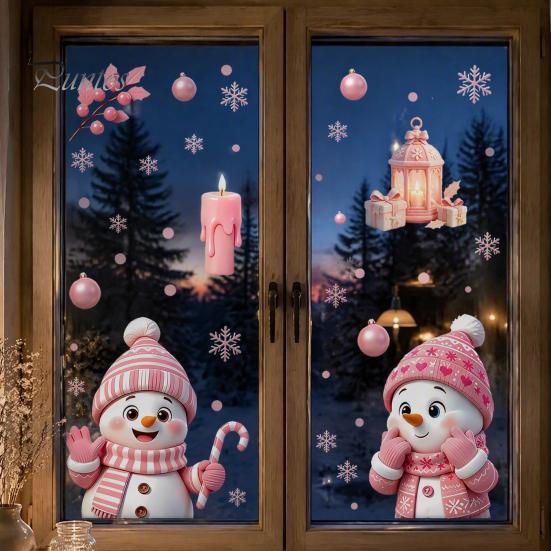 Party Atmosphere Wall Decorations Christmas Snowman Static Glass Stickers, Decorative Pink Decals, Waterproof PVC Creative Gift for Friends