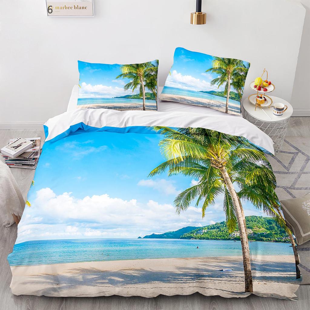 Seaside Scenery Bedding Set Sand Bed Linen Home Decor Single Double Twin Size For Boys Girls Adults Sunset Tree Duvet Cover Set