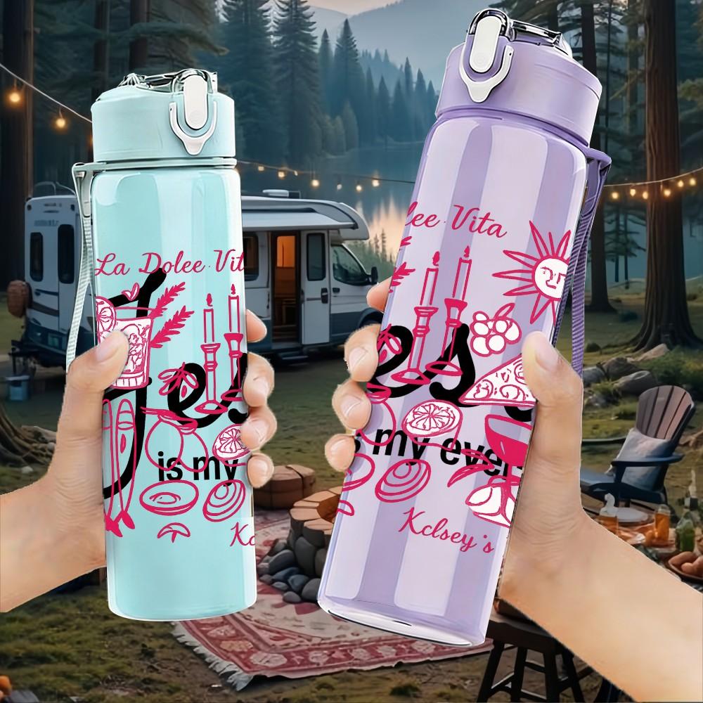 1PC Jesus Floral Letter Art 750ml Color Plastic Sports Water Bottle Leakproof Flip Straw Lid Suitable for Sports Office Home Use