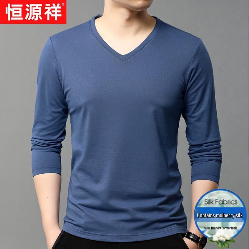 Hangyuanxiang Men's Cotton Silk Blend V-Neck Long Sleeve T-Shirt