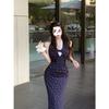 French Floral Dress Summer New Neck Blue Long Dress Seaside Beach Vacation Lace Skirt