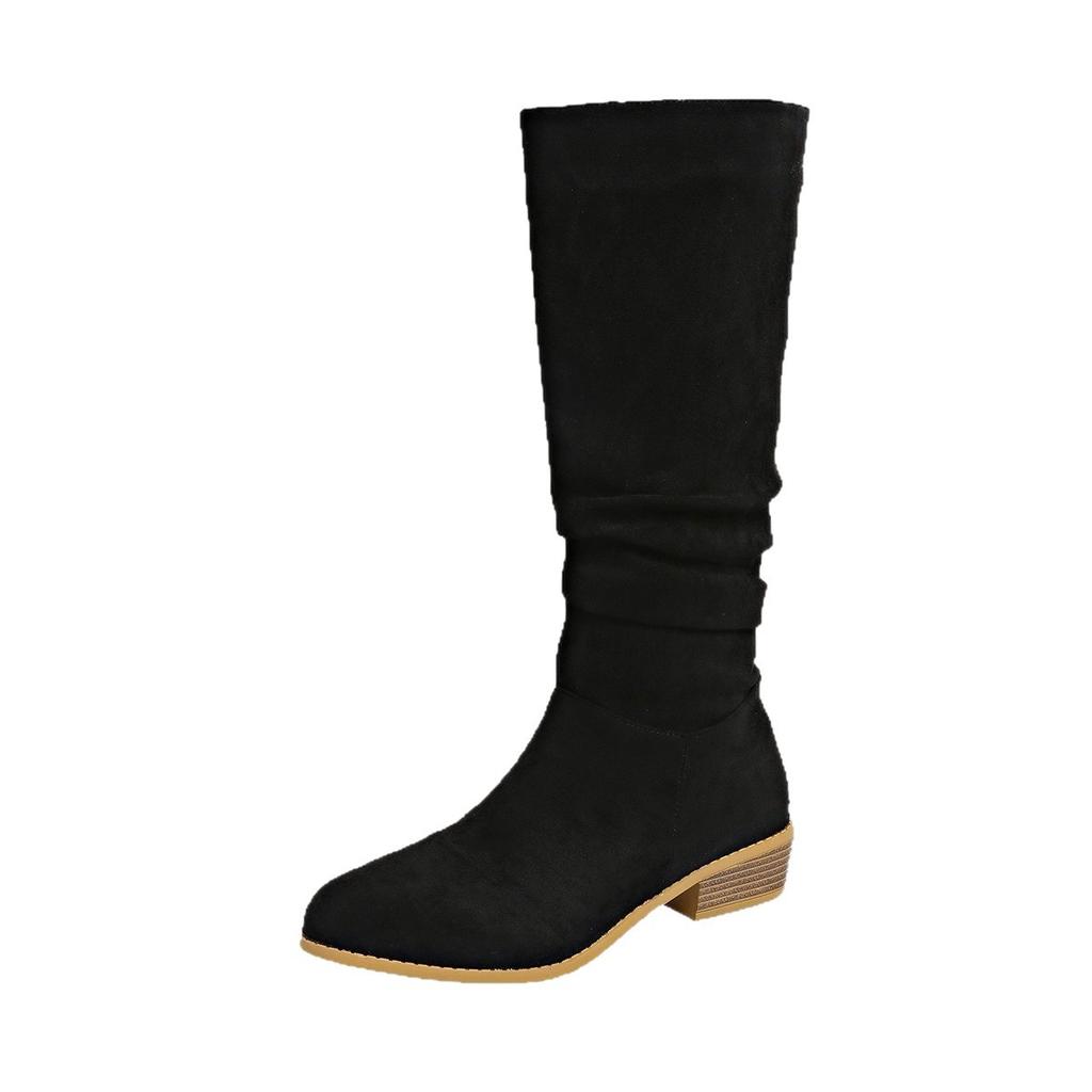 Pleated thick heel pointed but knee boots women's autumn suede large size stacking boots