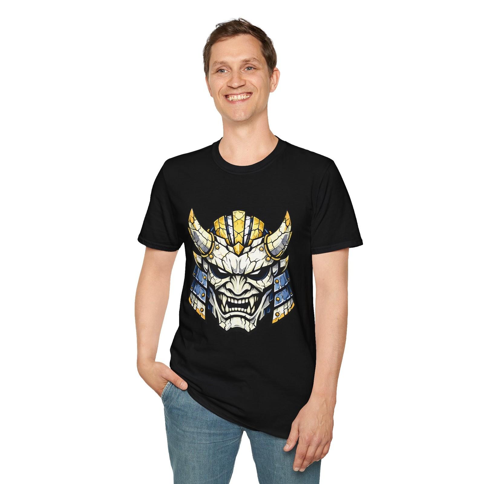 Japanese Oni Mask Samurai Demon Helmet Battle Damage Unisex Softstyle T-Shirt S разноцветный