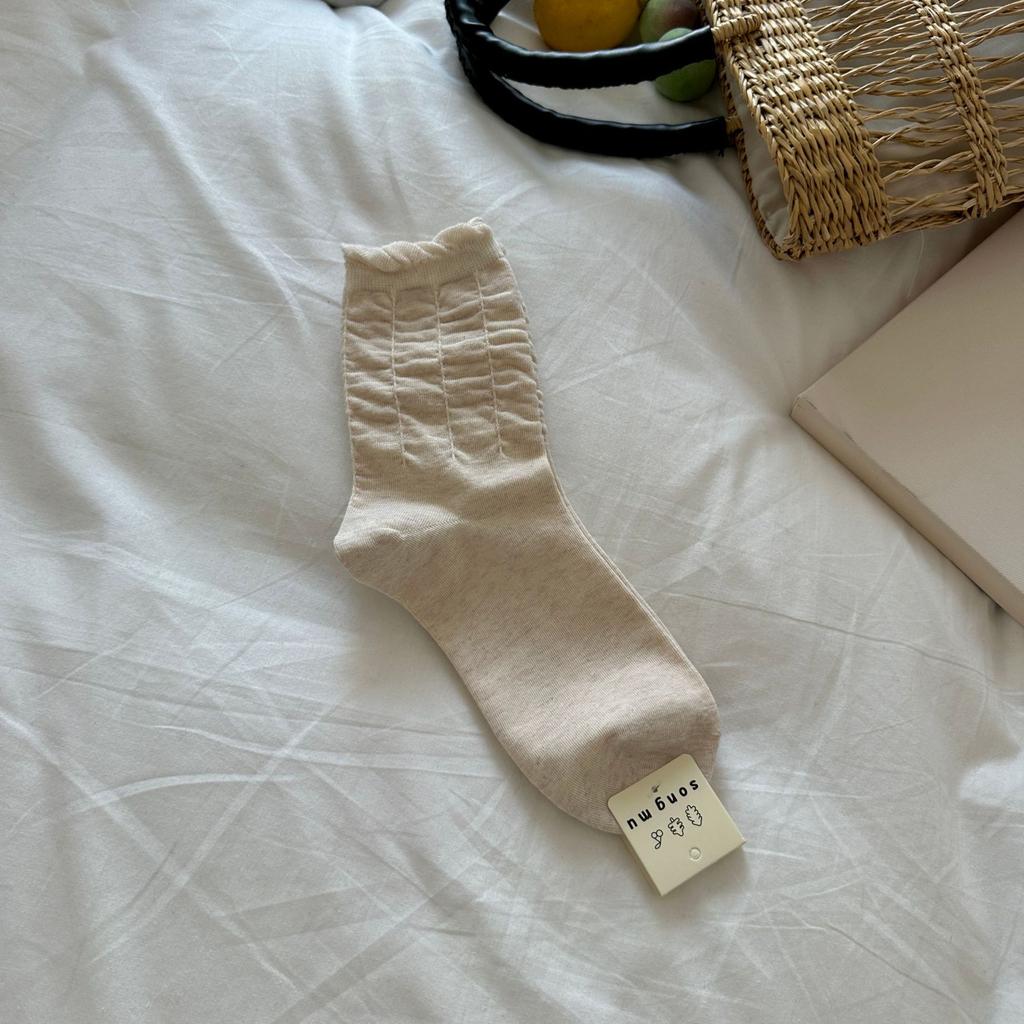 Shirring Lace Socks Mid-Tube Niche Simple Style Spring And Autumn New Product Stack Socks Solid Color Student Socks Casual