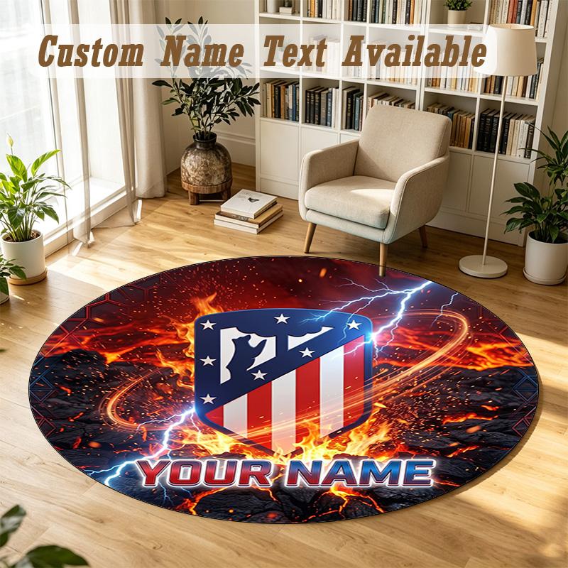 Tapis Rond Nom Personnalisé Motif Atletico Madrid Tapis Antidérapant Décor de Sol pour la Maison