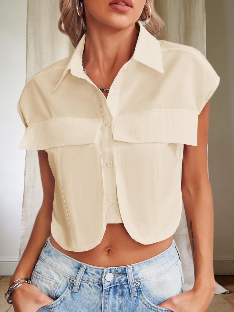 Womens Cotton Cap Sleeve Button Down Crop Blouse Summer Casual Shirt