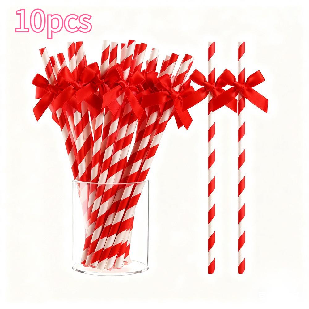 10pcs Pink Striped Bow Paper Straws with Ribbon Labels – Disposable Party Drinking Straws for Weddings, Bridal Showers