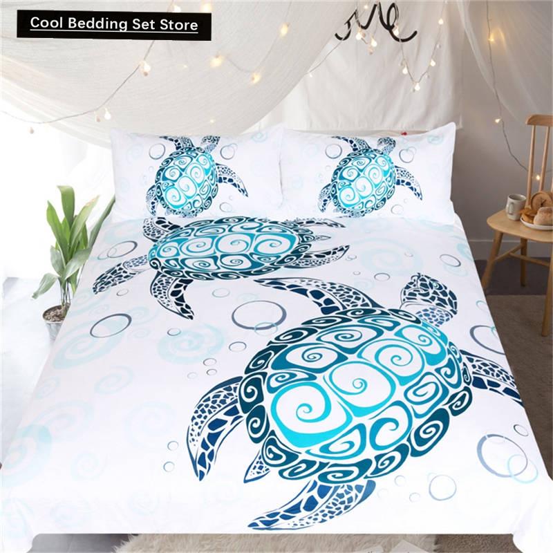 Sea Turtle Duvet Cover Set Pillow Cases Ocean Animal Turtle Bedding Set Queen King Kids Home Textiles Map Coral Soft Quilt Cover