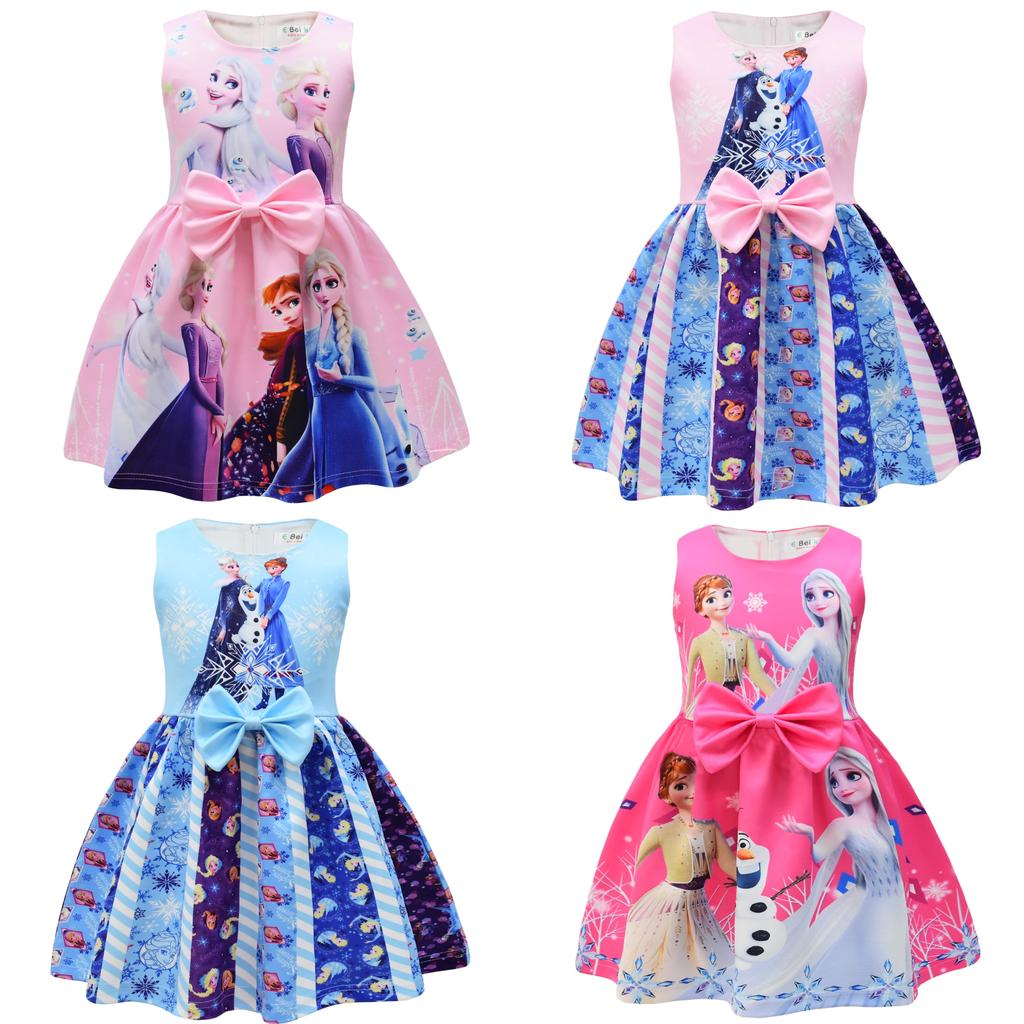 Frozen Elsa Cartoon Girl Dress With Cotton Blend Fabric For Summer Play