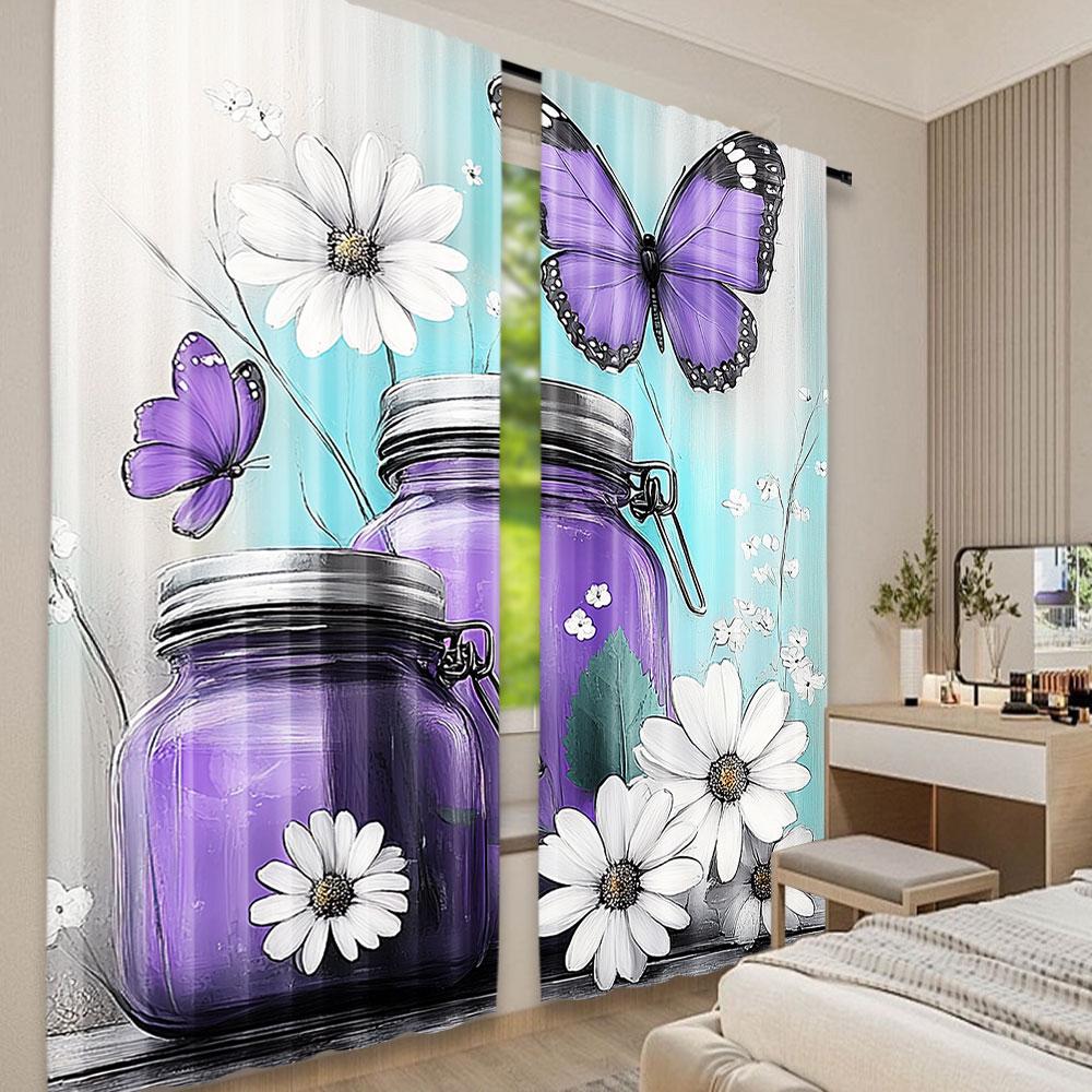 2Pcs Rustic Farmhouse Floral Curtain Purple Teal Daisy Flowers Butterfly Abstract Curtain Country Farm Turquoise Curtain