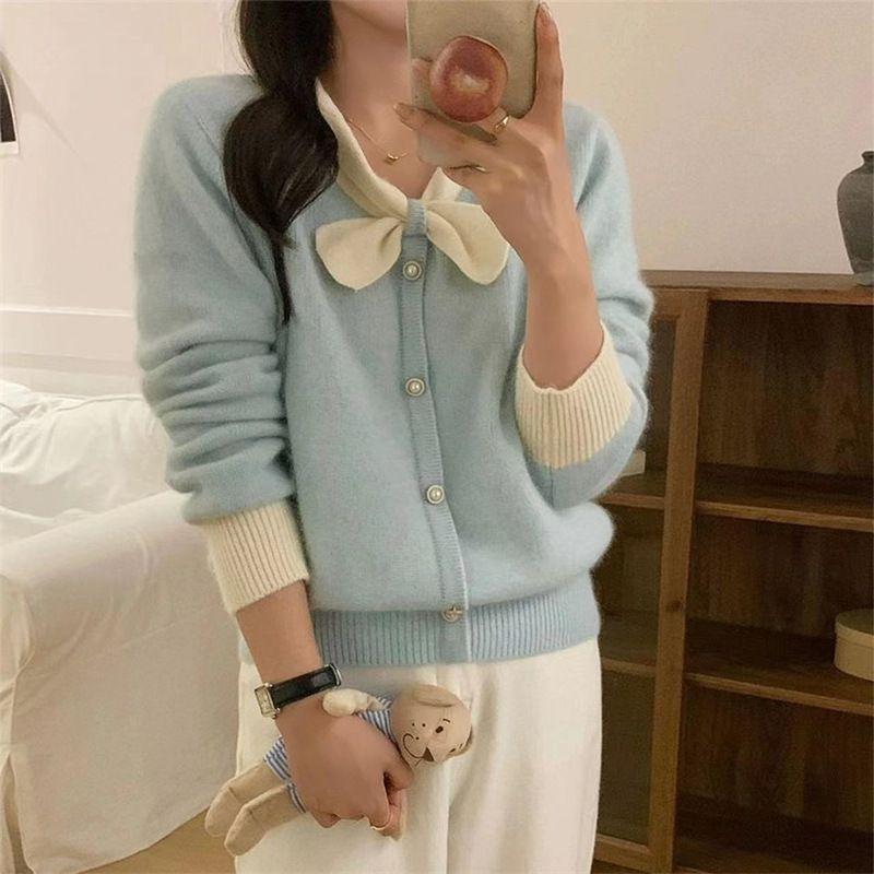 

Французский нежный стиль, весенний новый свитер с маленьким бантом, круглым вырезом, длинными рукавами, контрастный красный женский вязаный кардиган One Size небесно-голубой