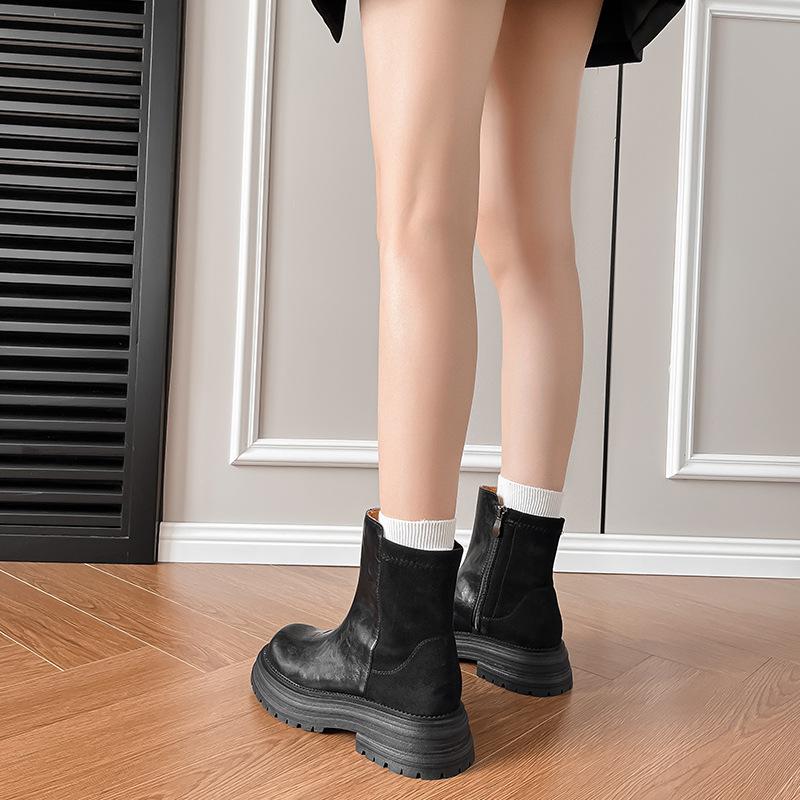 Hand scratched platform short boots women's spring and autumn Chelsea single boots British style Martin boots thick heel side zipper chimney boots