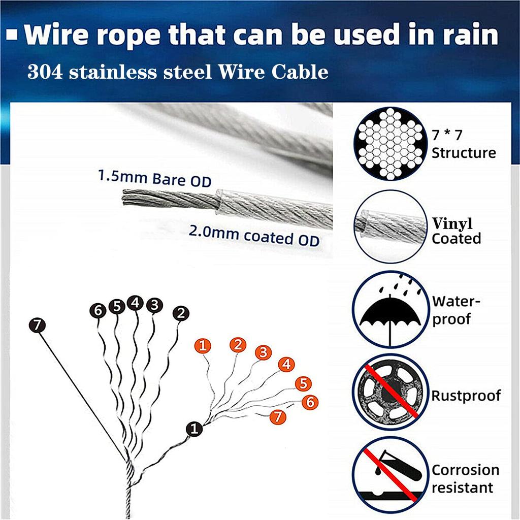 M5 Stainless Steel 304 Hook and Eye Turnbuckle Heavy Duty Wire Rope Tension with 165FT Vinyl Coated Steel Wire Cable Rope for Garden Wire,String