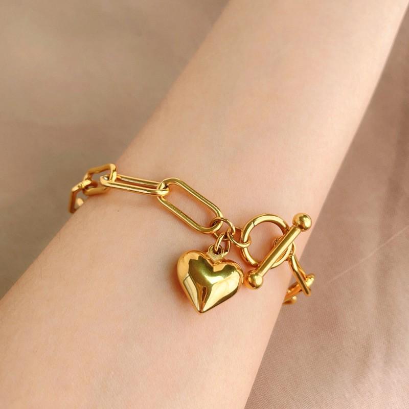 Titanium Steel Heart Charm Bracelet Women Gold Plated Minimalist Geometric Stackable Jewelry