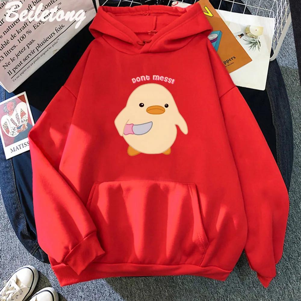 Leg dich nicht mit Ente an, die Messer hält Kawaii Cartoon Print Damen Hoodies Übergröße Sweatshirts Harajuku Damen Langarm Streetwear