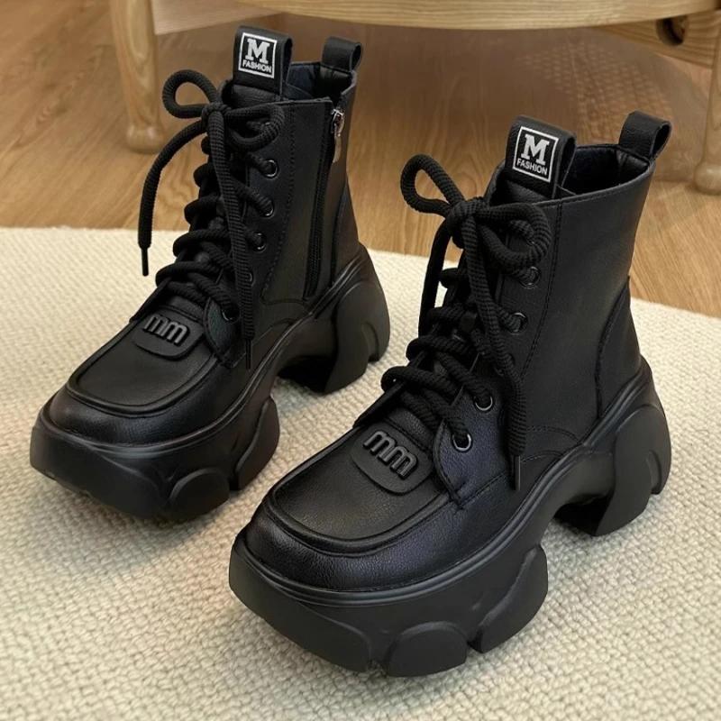 

Распродажа женской обуви, высококачественные женские ботинки на шнуровке, зимние ботинки с круглым носком, разноцветные, короткие, на платформе, увеличивающие рост 40 чёрный