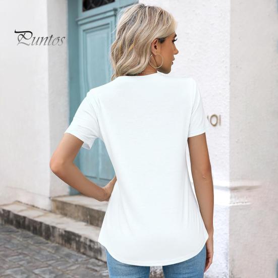 Women Summer Tops O-Neck Short Sleeve Wrinkles Texture Tee Shirt Solid Color Loose Fit Elastic Tops Daily Wear