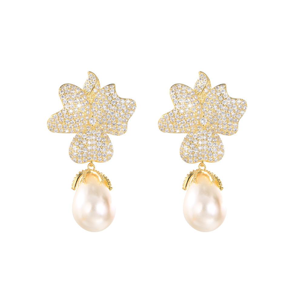 Needle Premium Sense Zircon Flower Pearl Earrings Unique Super Flash Earrings Earrings