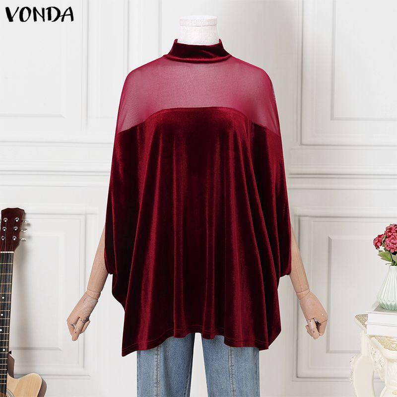 VONDA Women Stand Neck 3/4 Batwing Sleeve Mesh Patchwork Velvet Loose Long Tunic Blouse