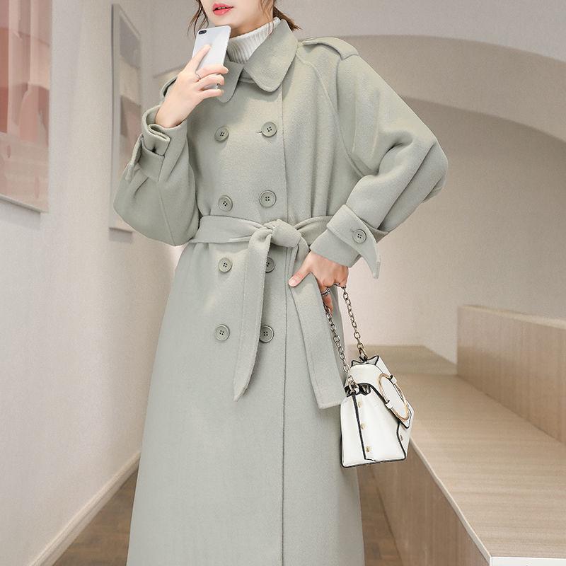 Woolen Coat Medium and Long Woolen Coat Autumn and Winter New Hepburn Style Knee Straight Temperament Women's Clothing Black