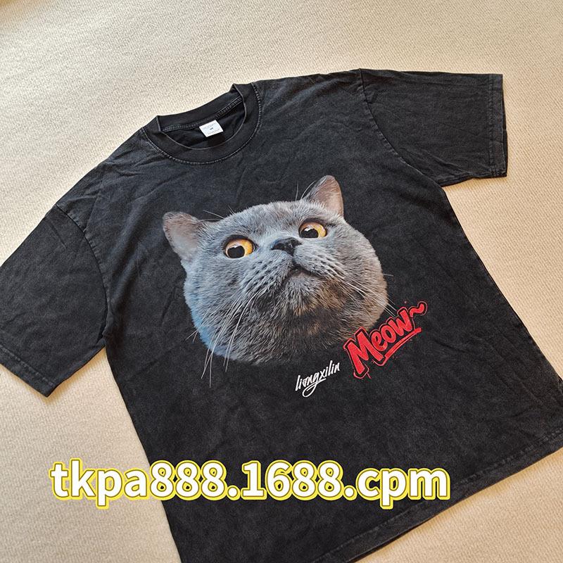 Men'S T-Shirt Street Retro Cat Digital Direct Injection Printing Pod Custom Cotton Washed Short-Sleeved T-Shirt Men