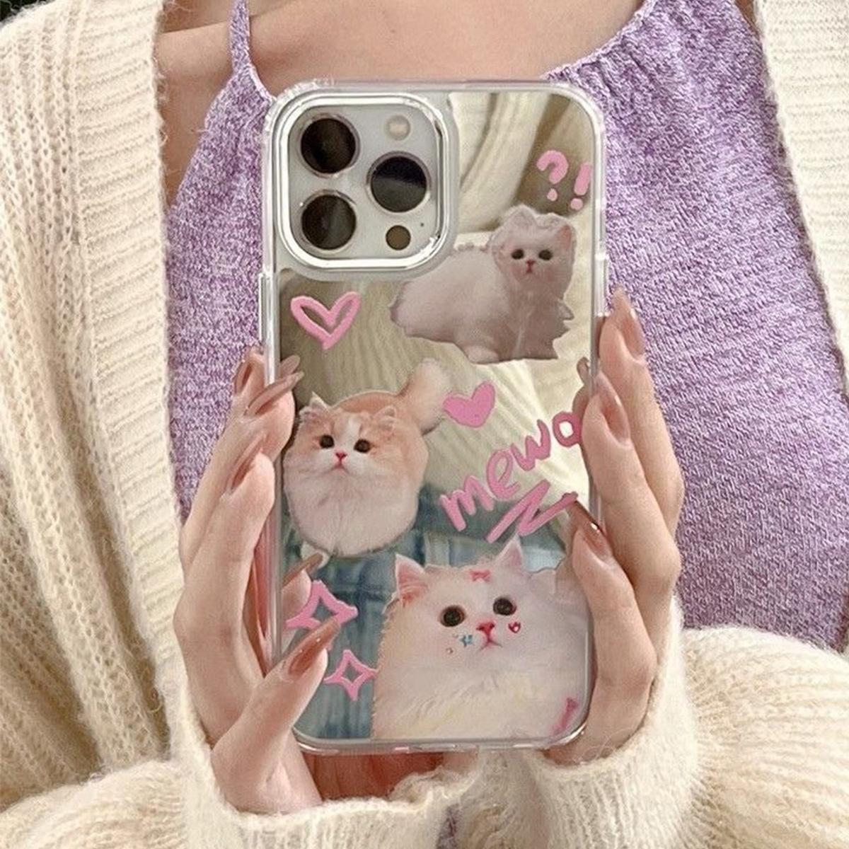 

For Huawei Mirror Phone Case Half Pack High-end Phone Case Mirror Phone Case Ins Style Lanyard Kitten For iPhone 17PROMAX