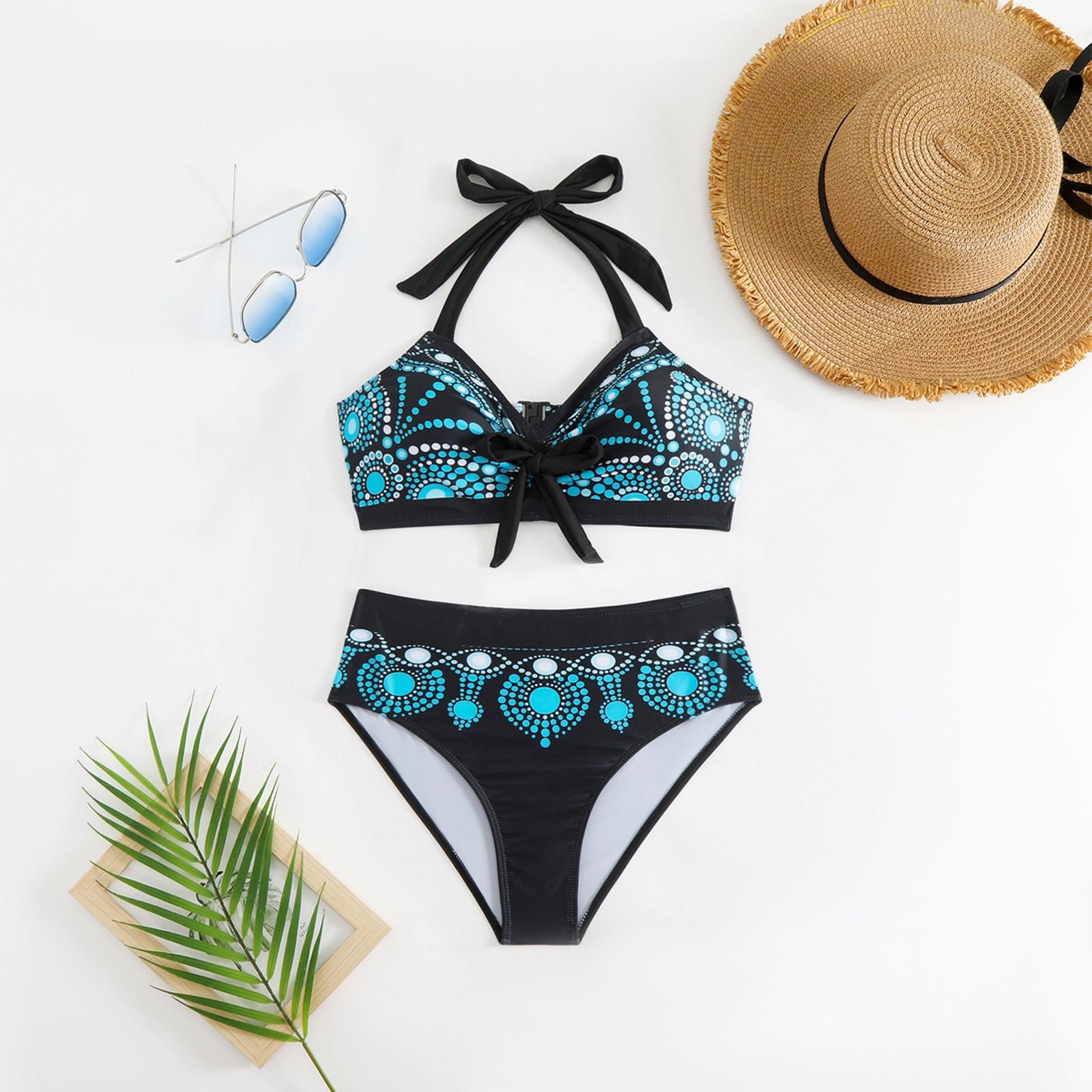 Женский раздельный модный сексуальный купальник-бикини с принтом и подкладкой для груди без стальных скобок L циан